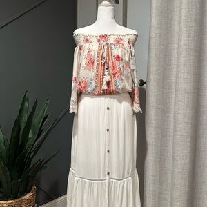 Skylar & Jade Bohemian Floral Off-Shoulder Blouse - Cream and Red